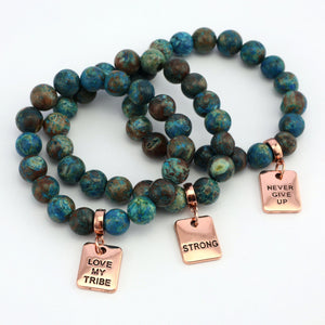 Precious Stone Bracelet - Teal Imperial Jasper 10mm Beads - With Rose Gold Word Charm