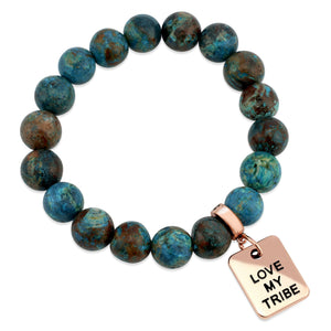 Precious Stone Bracelet - Teal Imperial Jasper 10mm Beads - With Rose Gold Word Charm