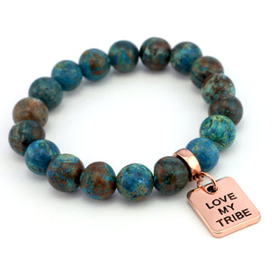 Precious Stone Bracelet - Teal Imperial Jasper 10mm Beads - With Rose Gold Word Charm