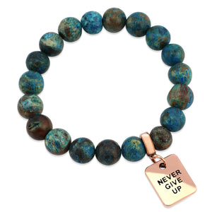 Precious Stone Bracelet - Teal Imperial Jasper 10mm Beads - With Rose Gold Word Charm