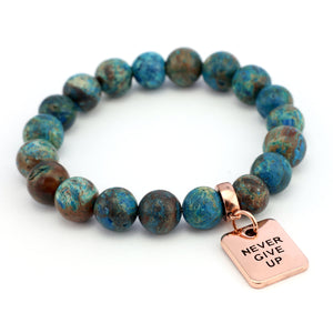 Precious Stone Bracelet - Teal Imperial Jasper 10mm Beads - With Rose Gold Word Charm