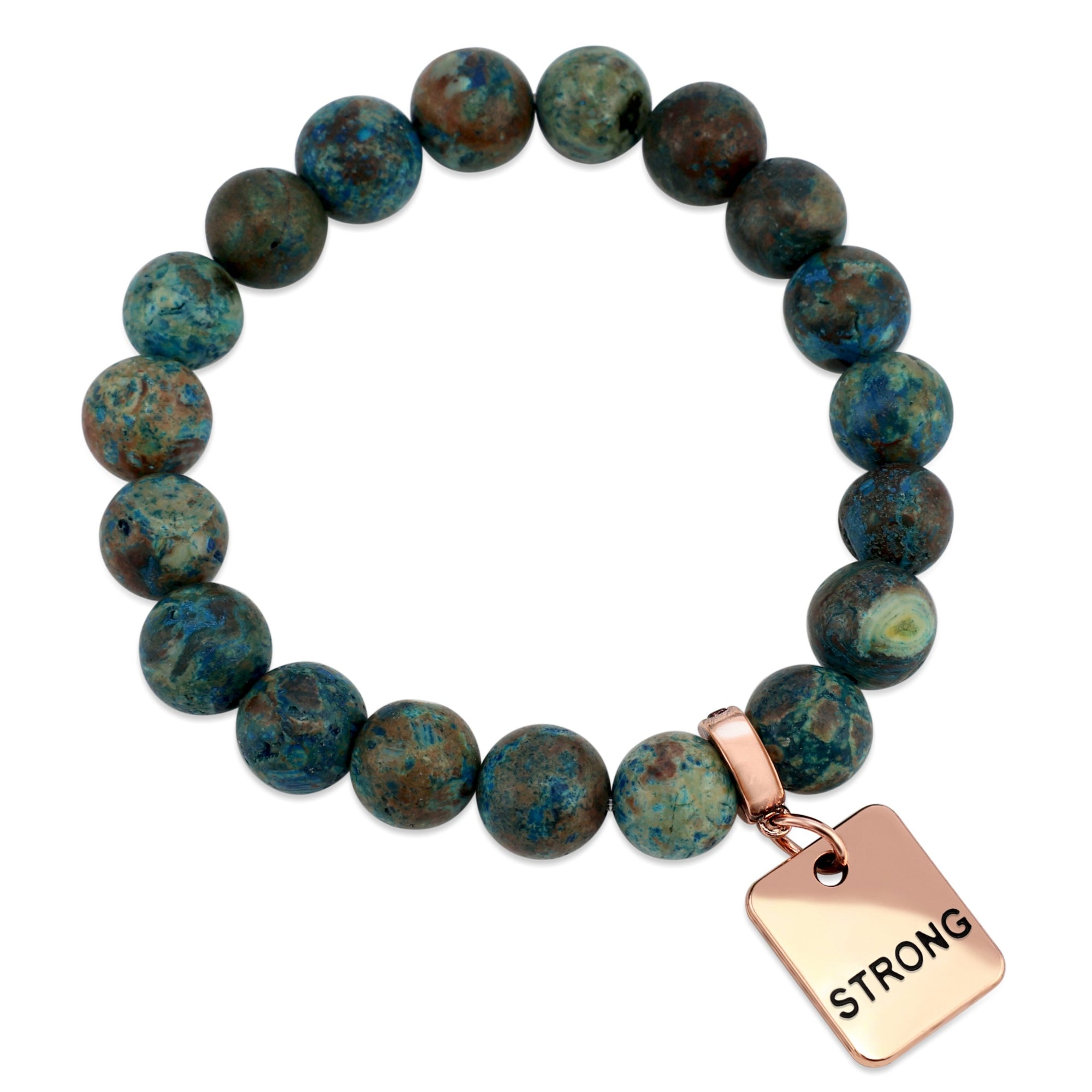 Precious Stone Bracelet - Teal Imperial Jasper 10mm Beads - With Rose Gold Word Charm