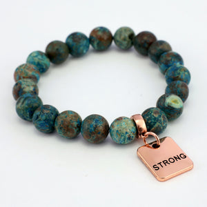 Precious Stone Bracelet - Teal Imperial Jasper 10mm Beads - With Rose Gold Word Charm