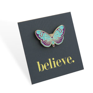 Lovely Pins! Believe - Teal & Purple Butterfly Enamel Badge Pin - (10933)