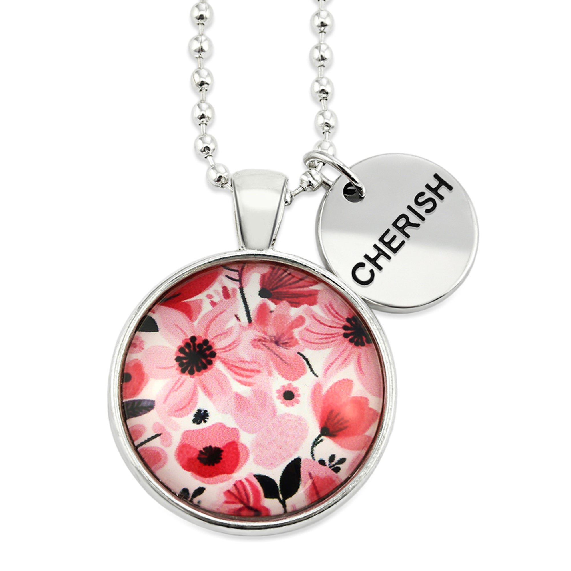 Pink floral print circle pendant silver ball chain necklace with circle shape word charm. 