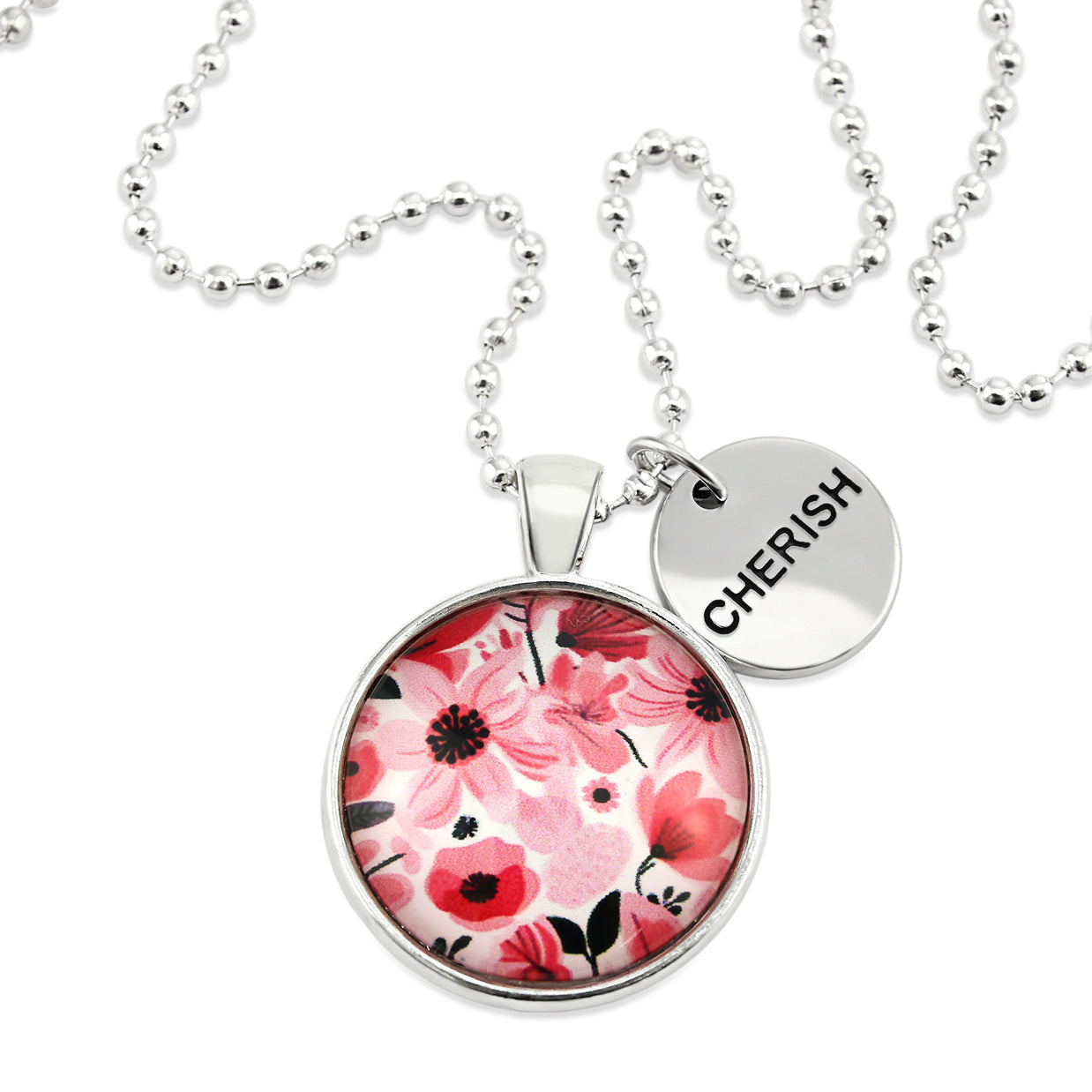 Pink floral print circle pendant silver ball chain necklace with circle shape word charm. 