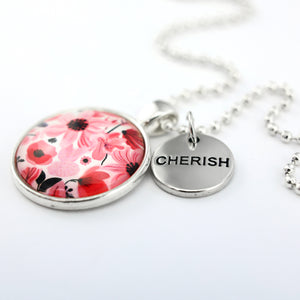  Pink floral print circle pendant silver ball chain necklace with circle shape word charm. 