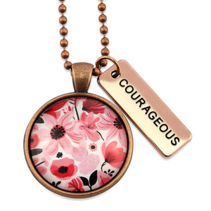 Pink floral print circle pendant vintage red  ball chain necklace with rose gold 'courageous' word charm. Fundraising product for the National Breast Cancer Foundation. 