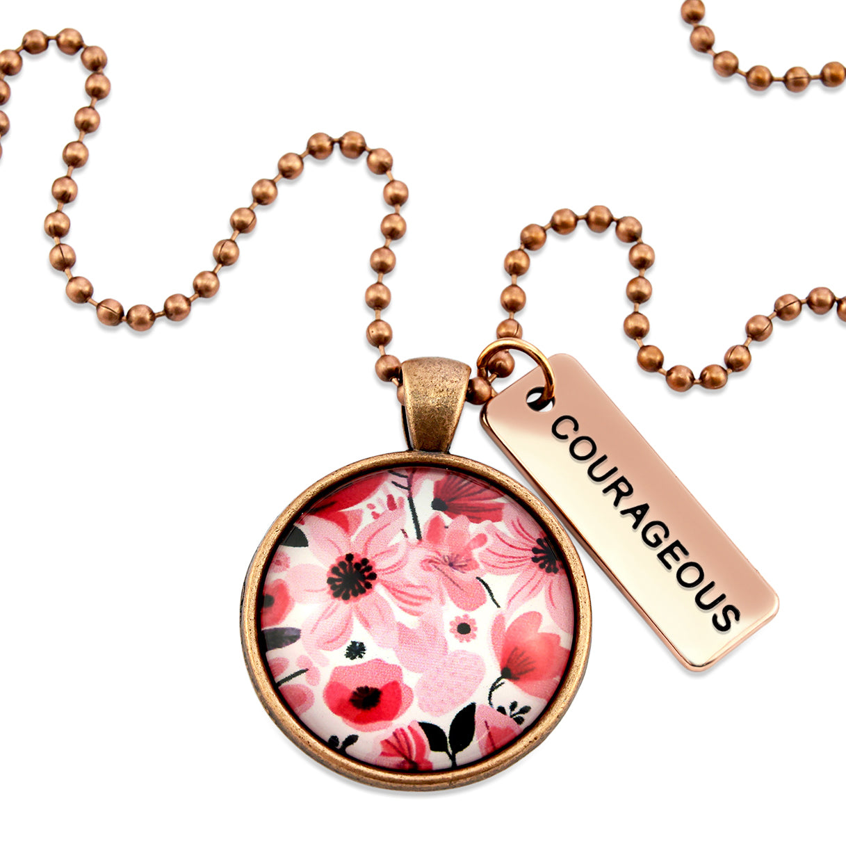 Pink floral print circle pendant vintage red  ball chain necklace with rose gold 'courageous' word charm. Fundraising product for the National Breast Cancer Foundation. 