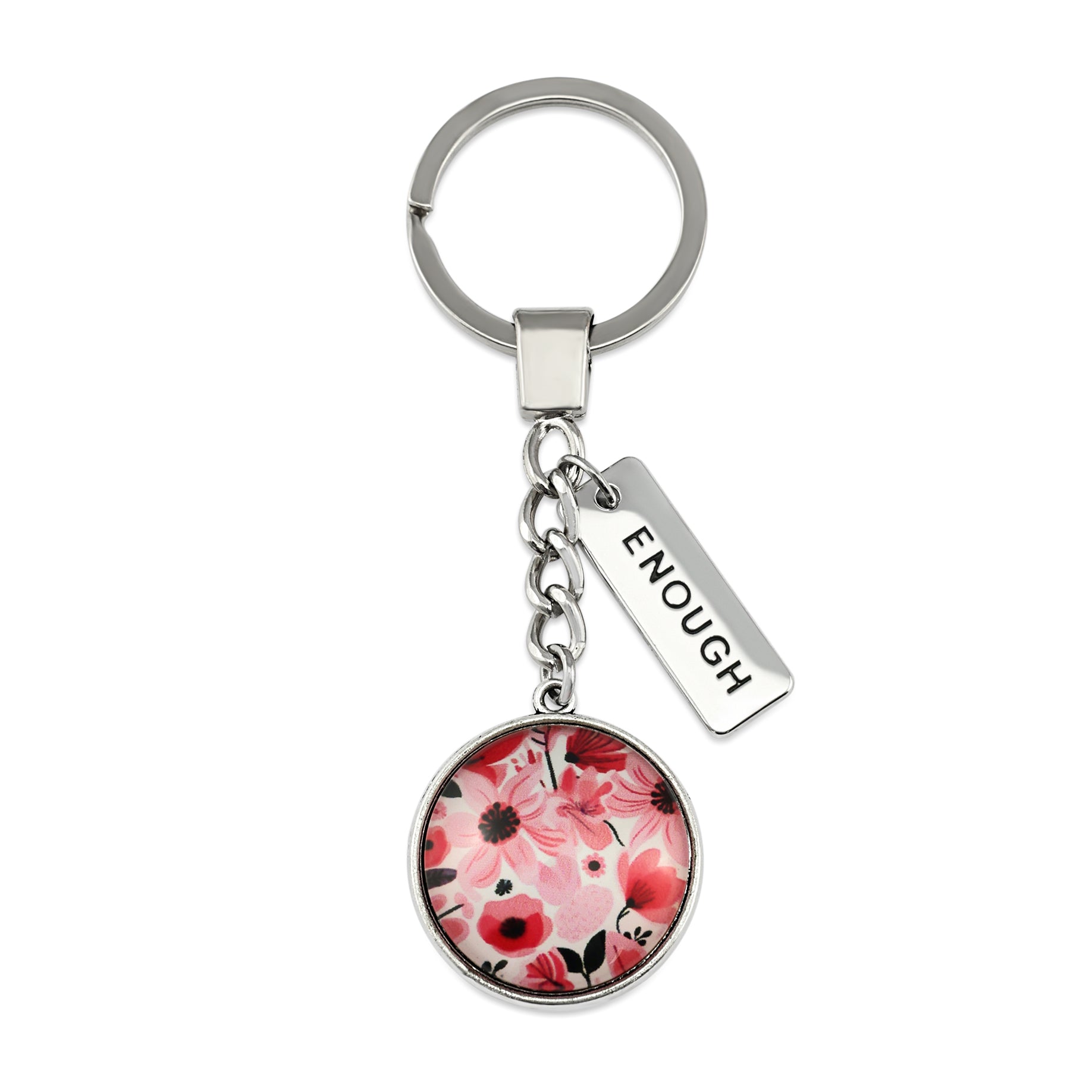 Circle pendant keychain in vintage silver with 'enough' charm, pop pink floral print. Fundraiser for the national breast cancer foundation.