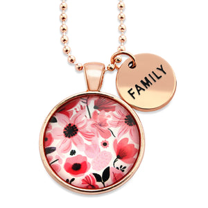 Pink floral print circle pendant rose gold ball chain necklace with circle shape word charm. 