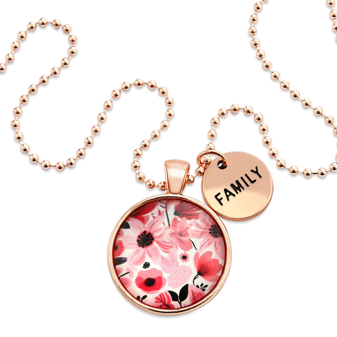 Pink floral print circle pendant rose gold ball chain necklace with circle shape word charm. 