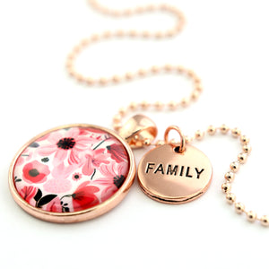 Pink floral print circle pendant rose gold ball chain necklace with circle shape word charm. 