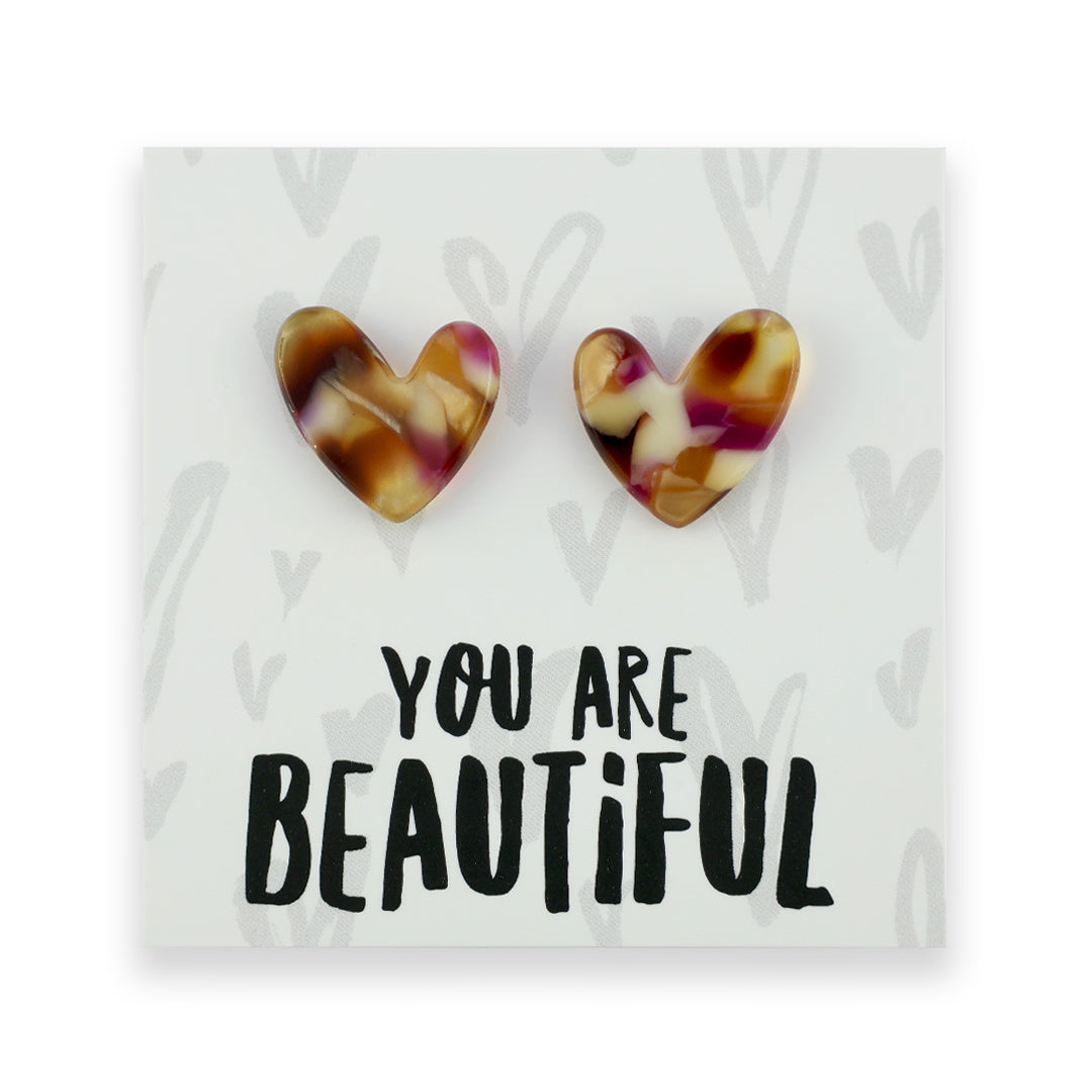 RESIN HEART STUDS - You Are Beautiful - Toffee (11334)