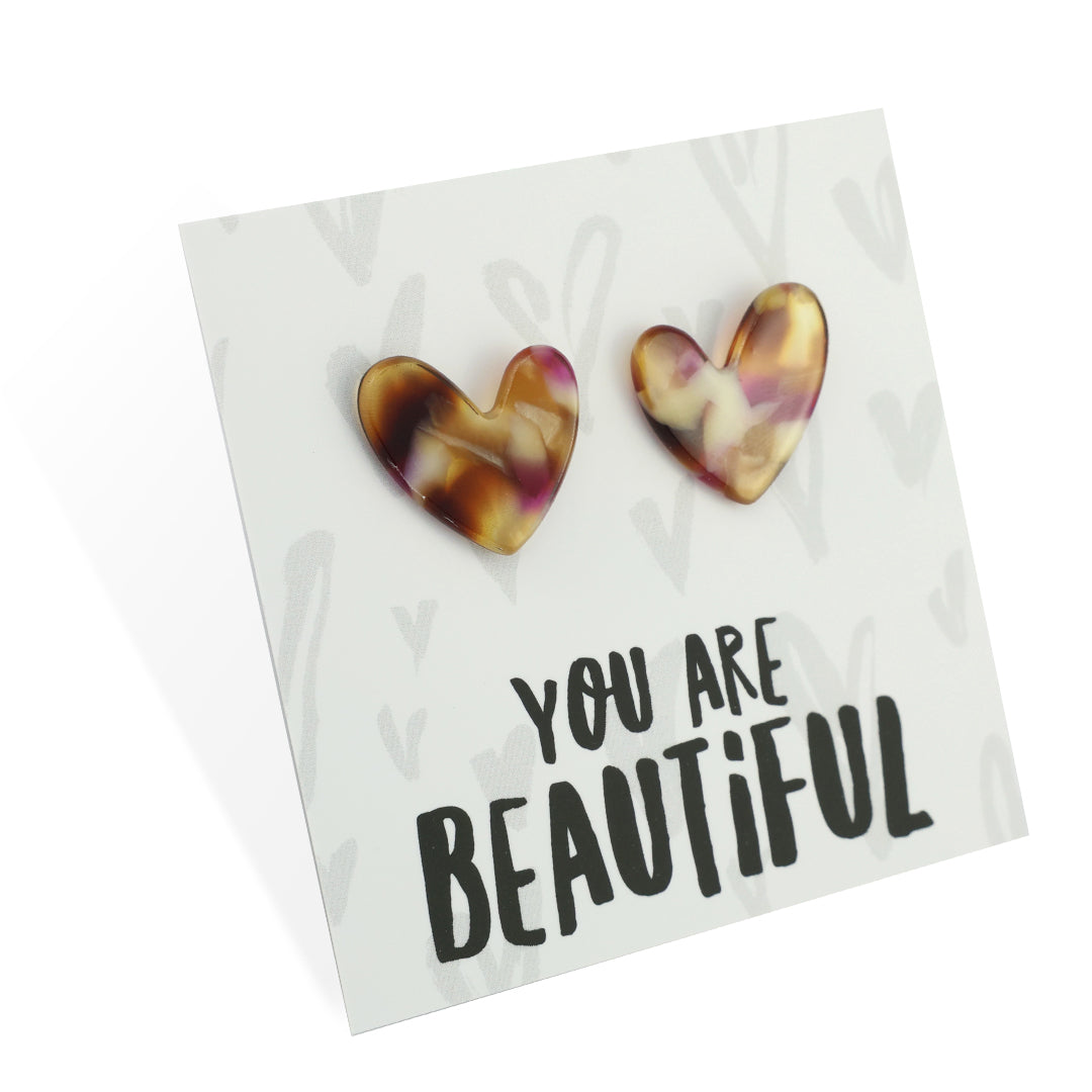 RESIN HEART STUDS - You Are Beautiful - Toffee (11334)