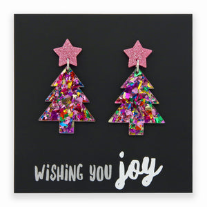 Acrylic & Resin Dangles - 'Wishing You Joy' -  Pink Sparkle Christmas Tree (11241)