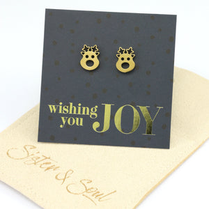 Stainless Steel Earring Studs - Wishing You Joy - CUTE RUDOLPH FACE