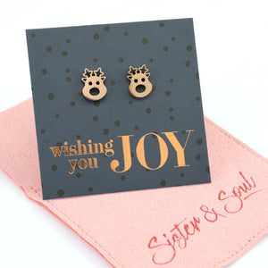 Stainless Steel Earring Studs - Wishing You Joy - CUTE RUDOLPH FACE