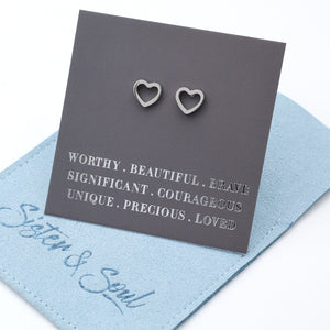 Stainless Steel Earring Studs - Worthy Beautiful Brave  - OPEN HEART