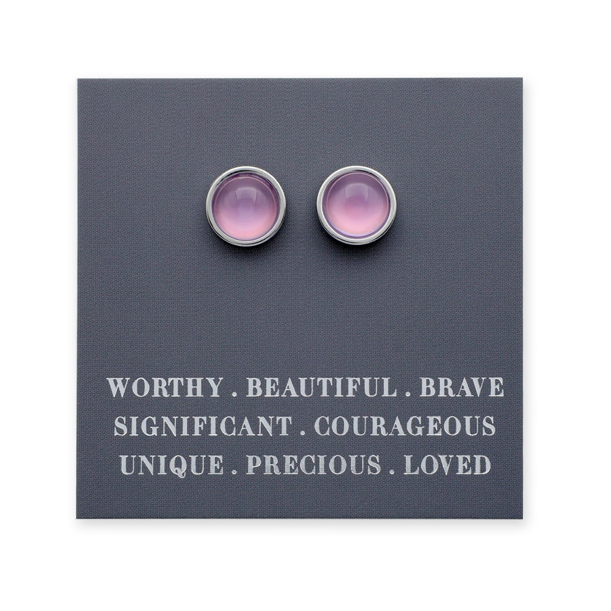 Worthy Beautiful Brave - Silver Stainless Steel 8mm Circle Studs - Soft Plum Pearl Resin (11433)