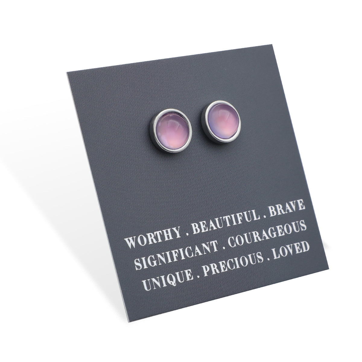 Worthy Beautiful Brave - Silver Stainless Steel 8mm Circle Studs - Soft Plum Pearl Resin (11433)