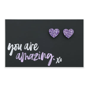 SPARKLE ACRYLIC HEART STUDS - You Are Amazing - Purple Glitter (11814)