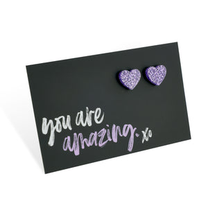 SPARKLE ACRYLIC HEART STUDS - You Are Amazing - Purple Glitter (11814)