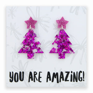 Acrylic & Resin Dangles - 'You Are Amazing' - Hot Pink Sparkle Christmas Tree (11141)