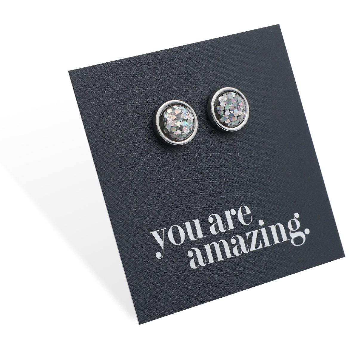 You Are Amazing - Silver Stainless Steel 8mm Circle Studs - Silver Gloss Glitter (11635)