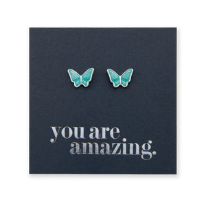 TEAL COLLECTION  - Minty Teal Enamel Butterfly - Sterling Silver Stud - You Are Amazing (2415-R)