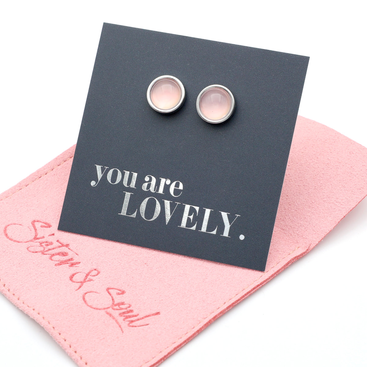 You Are Lovely - Silver Stainless Steel 8mm Circle Studs - Pale Pink Pearl Resin (11333)