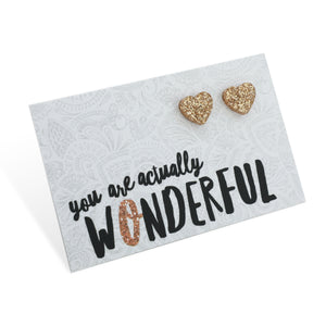 SPARKLE ACRYLIC HEART STUDS - You Are Actually Wonderful - Champagne Gold Glitter (11813)