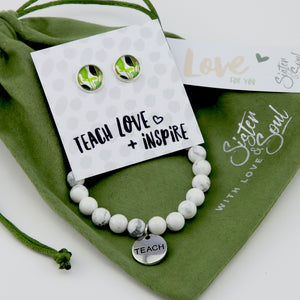 Leafy Love - Teach Love Inspire Gift Bundle bracelet and earring studs olive bag