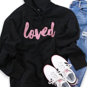 Loved HOODIE - Black with Dusty Blush Pink Print