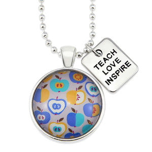 Apple print teach love inspire silver pendant necklace.