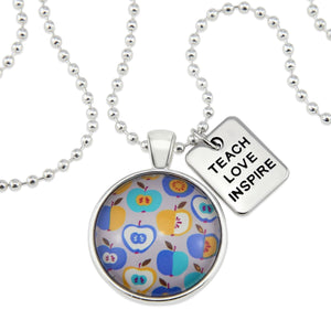 Apple print teach love inspire silver pendant necklace.