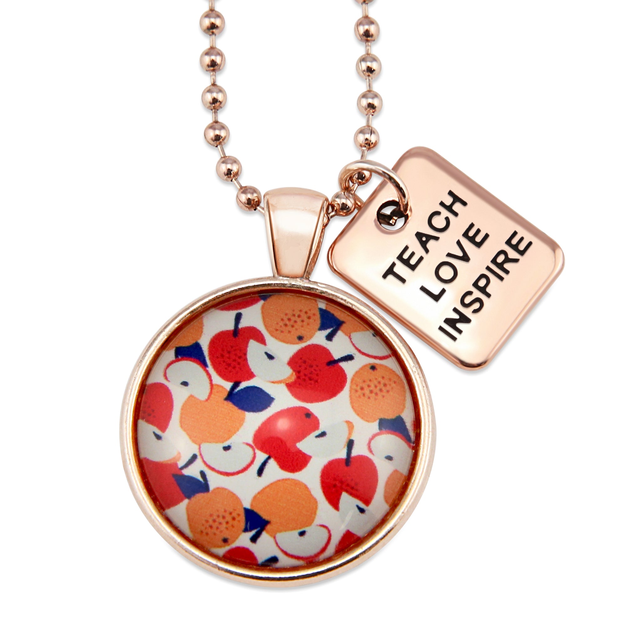 Apple print teach love inspire rose gold pendant necklace