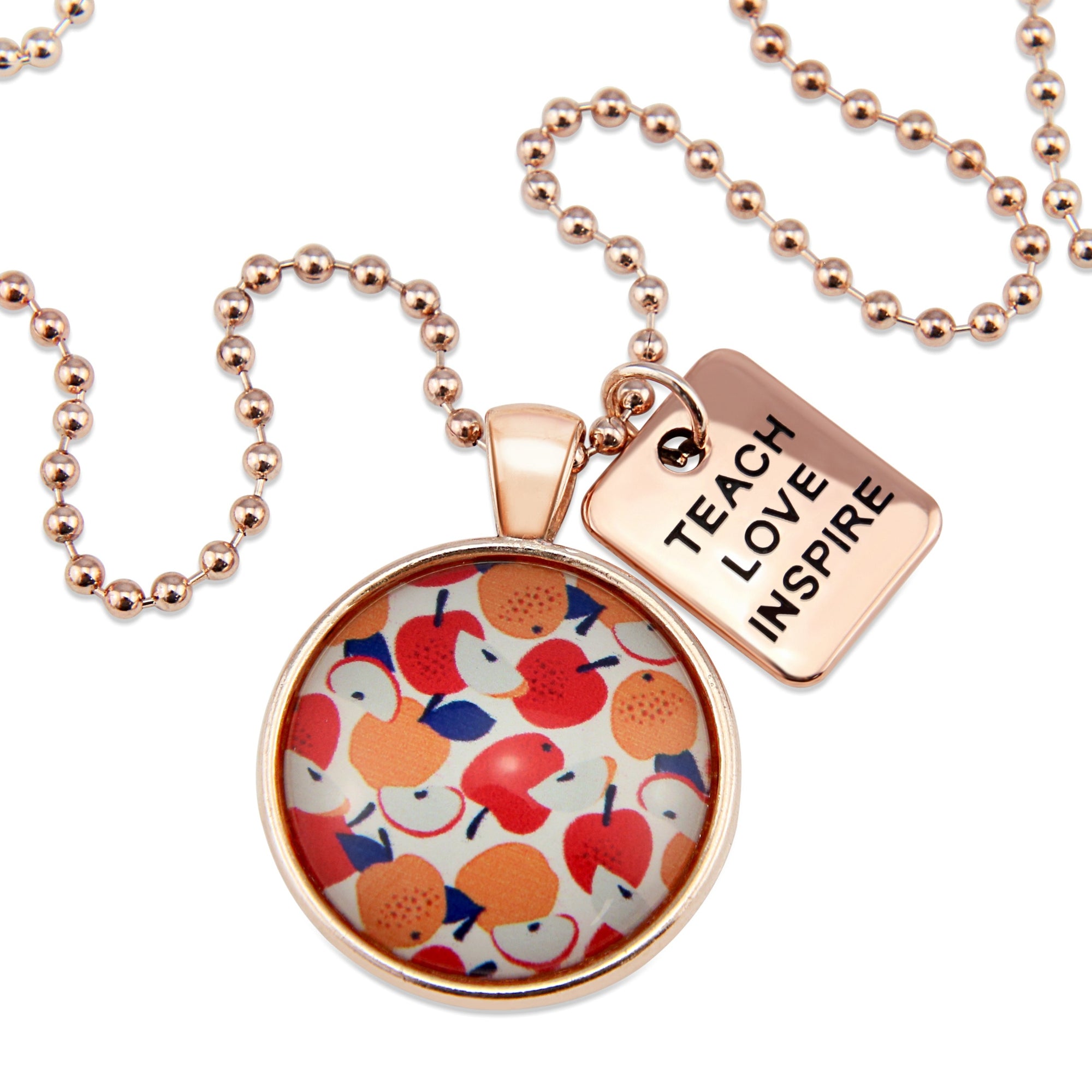 Apple print teach love inspire rose gold pendant necklace