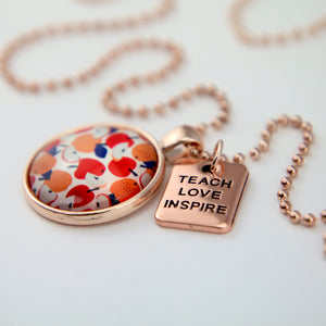 Apple print teach love inspire rose gold pendant necklace