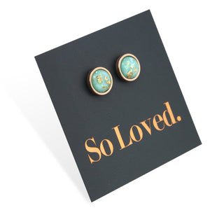 So Loved - Rose Gold Stainless Steel 8mm Circle Studs - Aqua Leaf (12362)