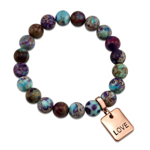 Precious Stone Bracelet Imperial Jasper Purple & Aqua Divine 10MM BEADS - With Rose Gold Love Word Charms