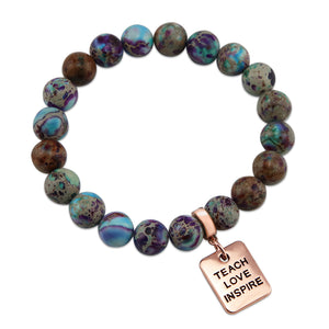 Precious Stone Bracelet Imperial Jasper Purple & Aqua Divine 10MM BEADS - With Rose Gold Teach Love Inspire Word Charms