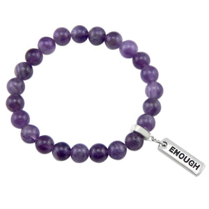 Purple amethyst stone bead bracelet with charm featuring meaningful and inspiring words with silver clip. 