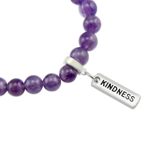 Purple amethyst stone bead bracelet with charm featuring meaningful and inspiring words with silver clip. 