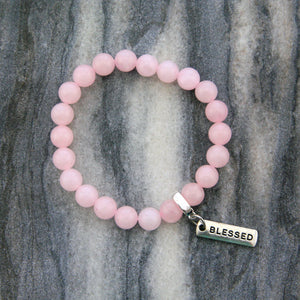 Rose Quartz 8mm stone bracelet with silver blessed word charm and clip. 