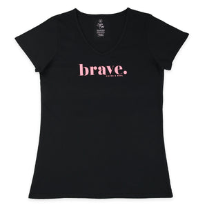 Black V-Neck Wo9men's T-shirt with pink brave screen print. Fundraiser for the national breast cancer foundation.