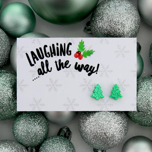 Green glitter sparkle christmas tree shaped studs on laughing all the way studs 