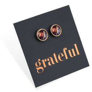 Beautiful rose gold stainless steel circle stud hypoallergenic earrings with metallic print on grateful gift card.     