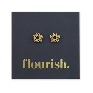 Flower Power studs in gold stainless steel on a foil flourish card.