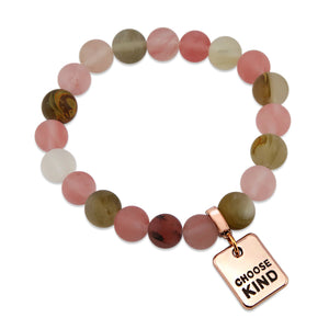 Stone Bracelet - Frosted Watermelon & Tigerskin 10mm Beads- With Rose Gold Word Charms